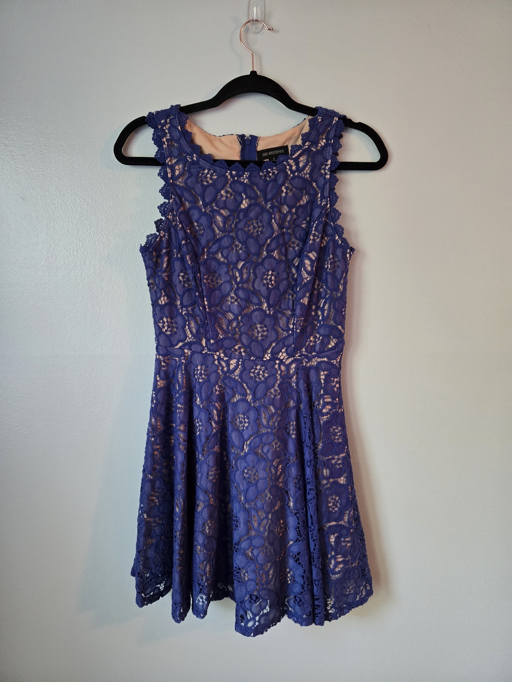 Jodi Kristopher Royal Blue Lace Fit & Flare Dress  Nude Lining Scalloped Size 5